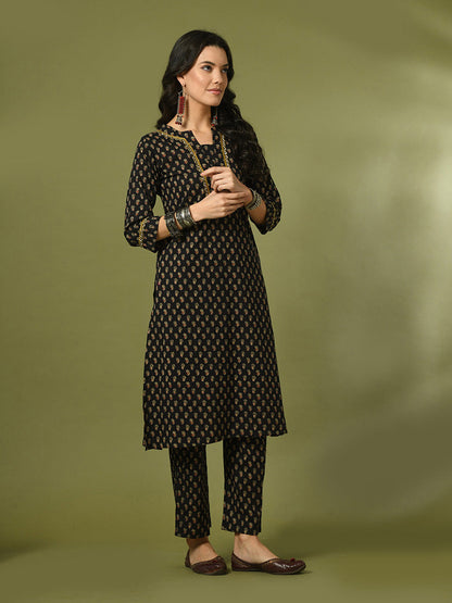 Women's  Black Printed Cotton Straight Party Kurta Sets