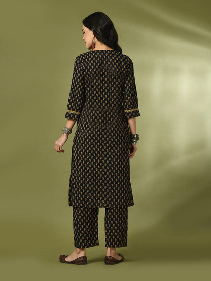 Women's  Black Printed Cotton Straight Party Kurta Sets