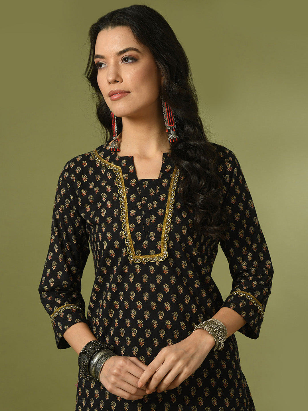 Women's  Black Printed Cotton Straight Party Kurta Sets