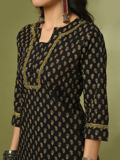 Women's  Black Printed Cotton Straight Party Kurta Sets