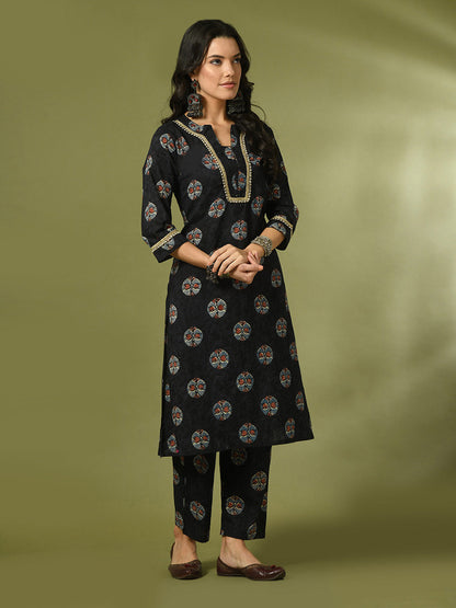 Women's  Black Printed Cotton Straight Party Kurta Sets