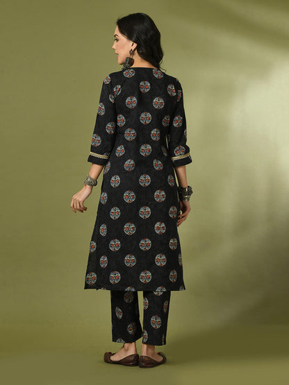 Women's  Black Printed Cotton Straight Party Kurta Sets