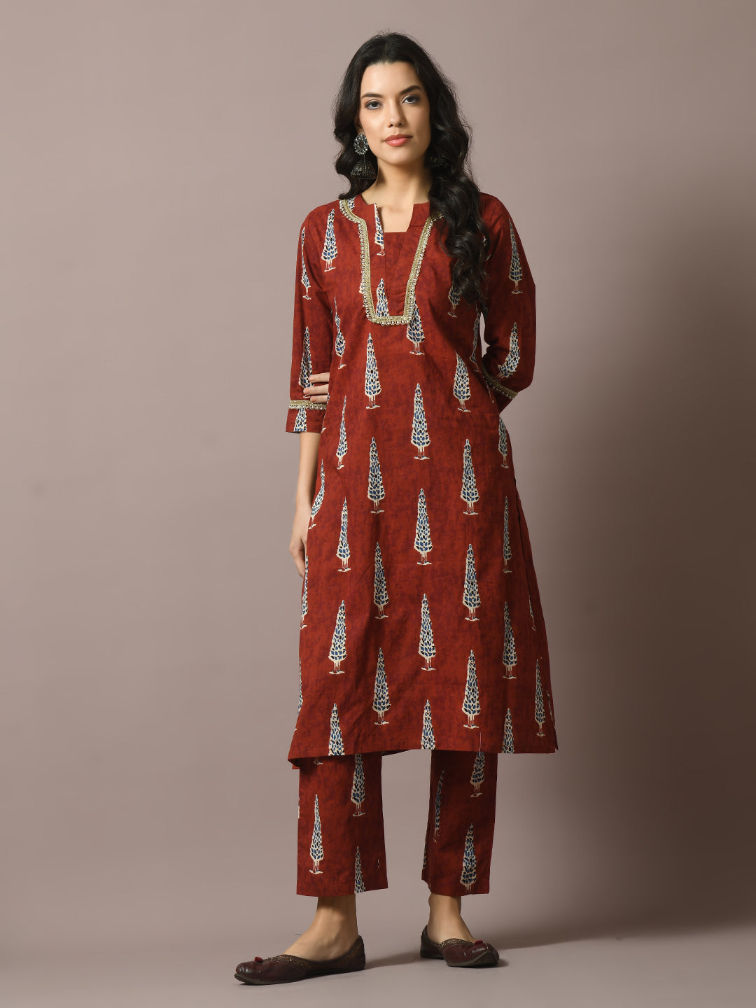 Women's  Rust Printed Cotton Straight Party Kurta Sets