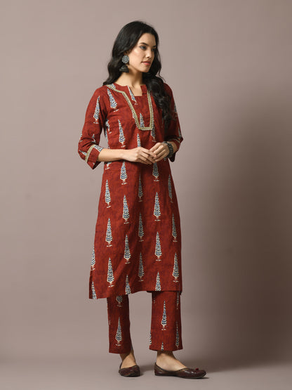 Women's  Rust Printed Cotton Straight Party Kurta Sets