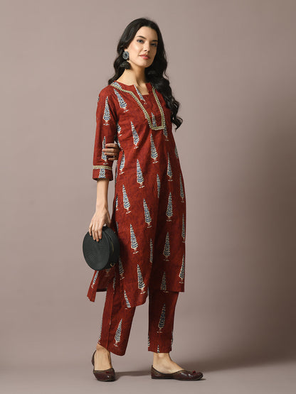 Women's  Rust Printed Cotton Straight Party Kurta Sets