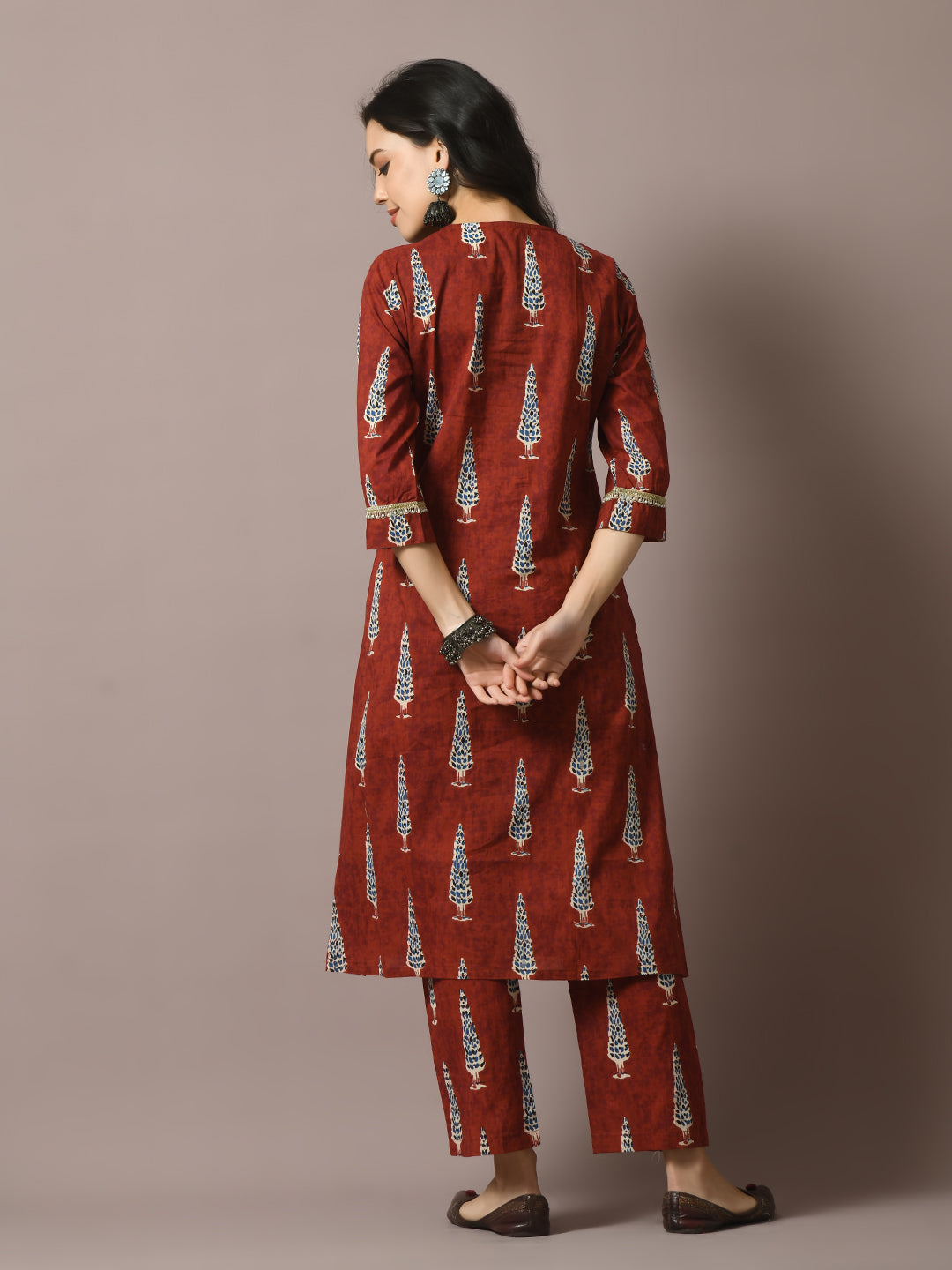 Women's  Rust Printed Cotton Straight Party Kurta Sets
