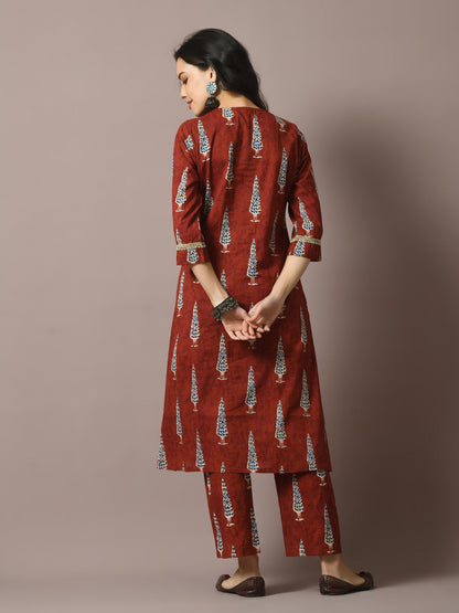 Women's  Rust Printed Cotton Straight Party Kurta Sets