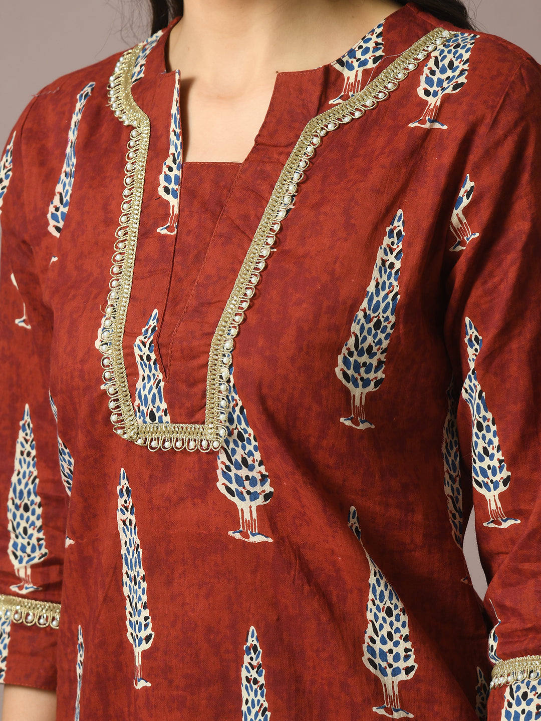 Women's  Rust Printed Cotton Straight Party Kurta Sets