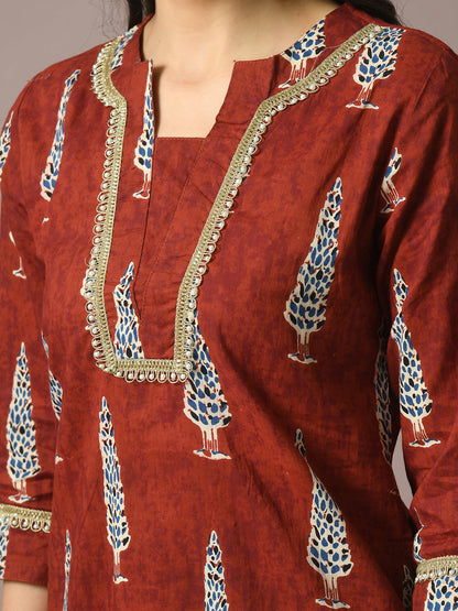 Women's  Rust Printed Cotton Straight Party Kurta Sets