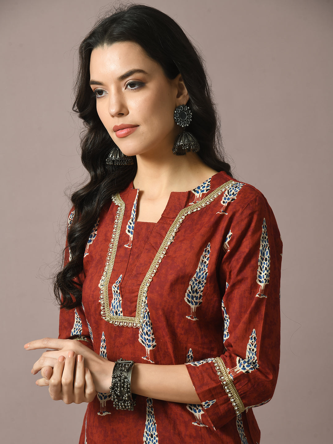 Women's  Rust Printed Cotton Straight Party Kurta Sets