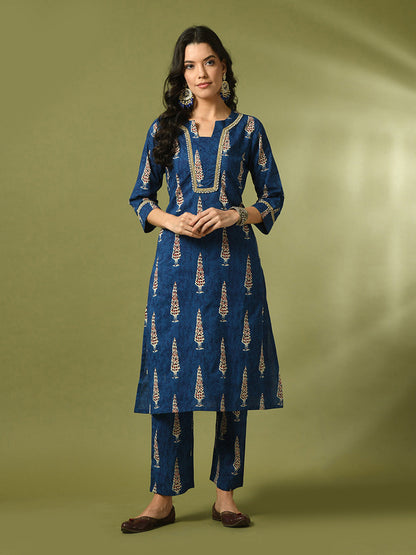 Women's  Blue Printed Cotton Straight Party Kurta Sets