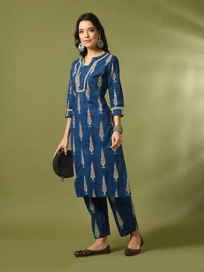 Women's  Blue Printed Cotton Straight Party Kurta Sets
