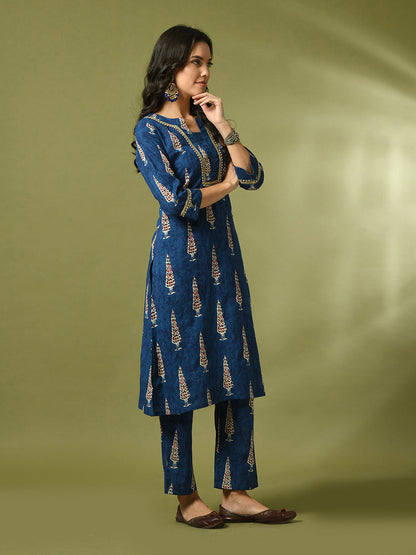 Women's  Blue Printed Cotton Straight Party Kurta Sets