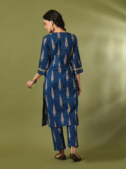 Women's  Blue Printed Cotton Straight Party Kurta Sets