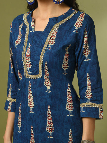 Women's  Blue Printed Cotton Straight Party Kurta Sets