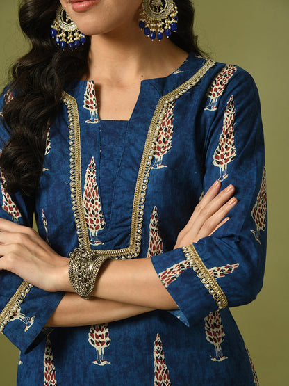 Women's  Blue Printed Cotton Straight Party Kurta Sets