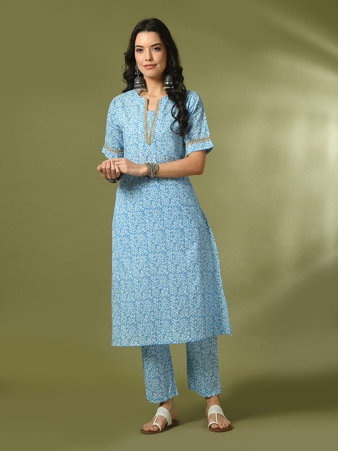 Women's  Blue Printed Cotton Straight Party Kurta Sets