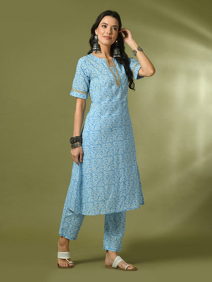 Women's  Blue Printed Cotton Straight Party Kurta Sets