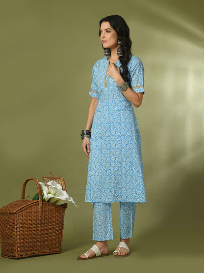 Women's  Blue Printed Cotton Straight Party Kurta Sets