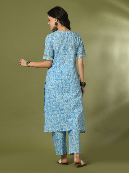 Women's  Blue Printed Cotton Straight Party Kurta Sets