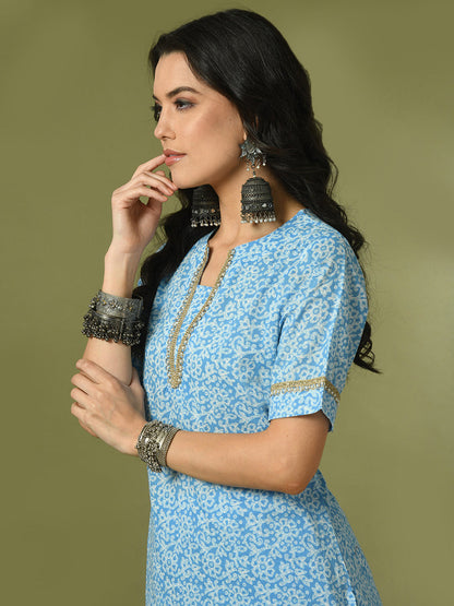 Women's  Blue Printed Cotton Straight Party Kurta Sets