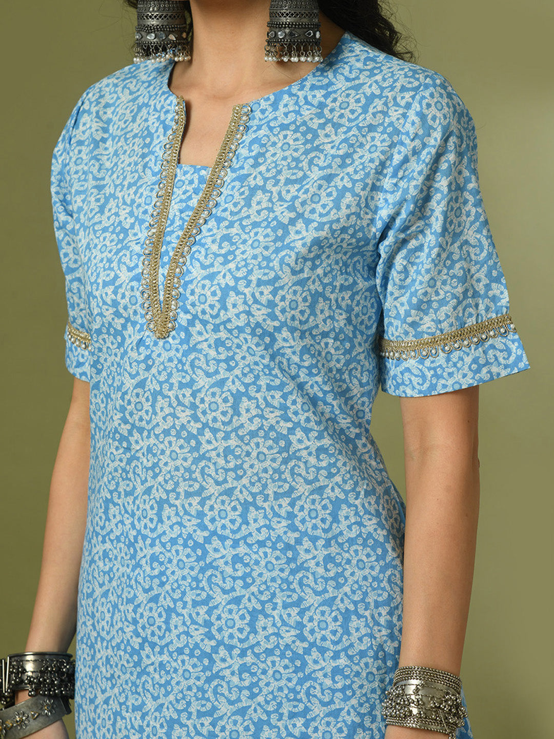Women's  Blue Printed Cotton Straight Party Kurta Sets