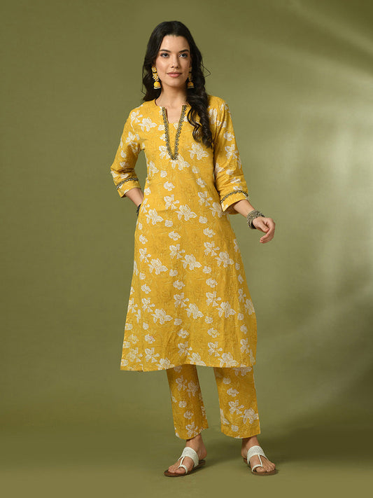 Women's  Yellow Printed Cotton Straight Party Kurta Sets
