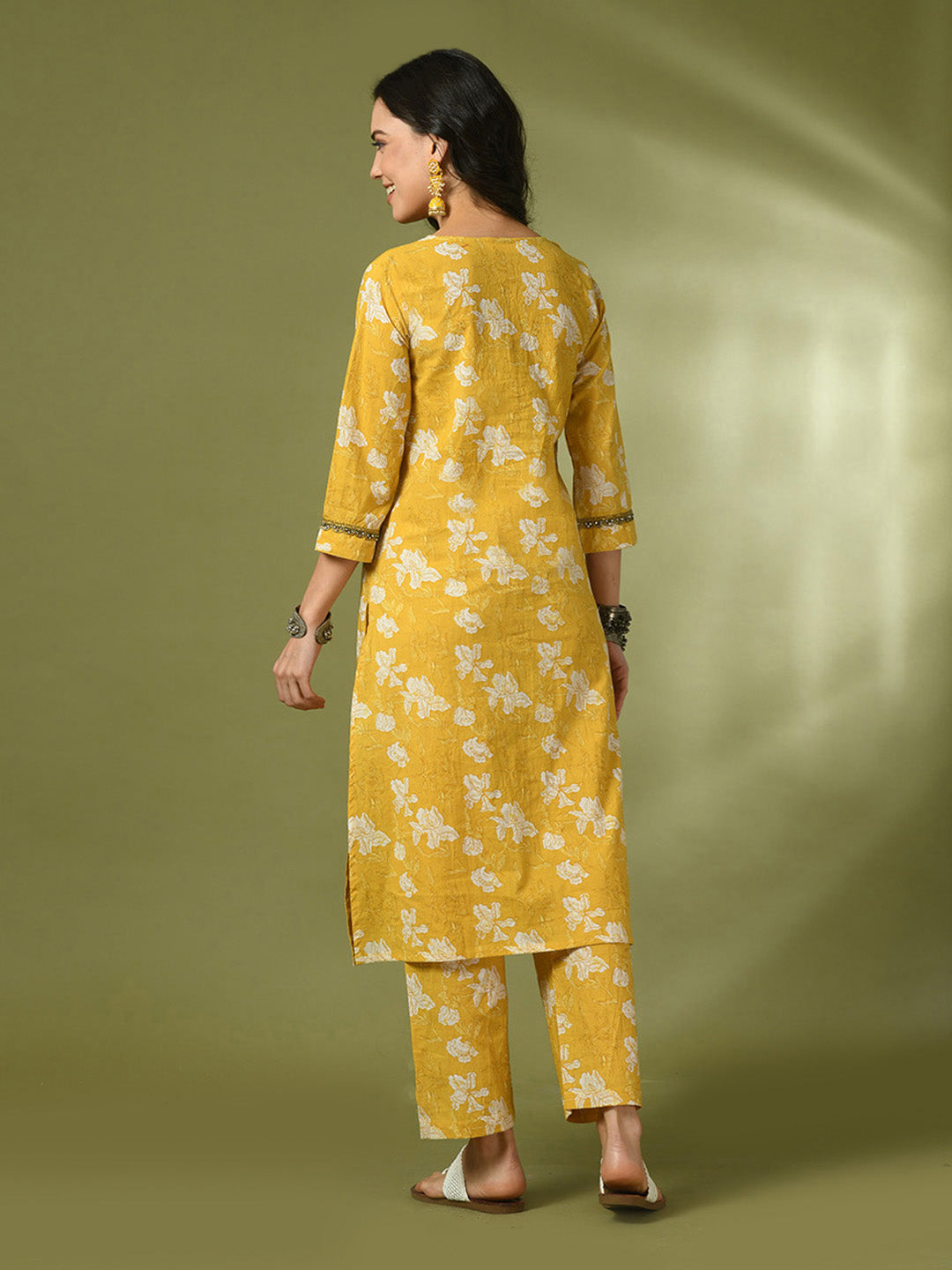 Women's  Yellow Printed Cotton Straight Party Kurta Sets