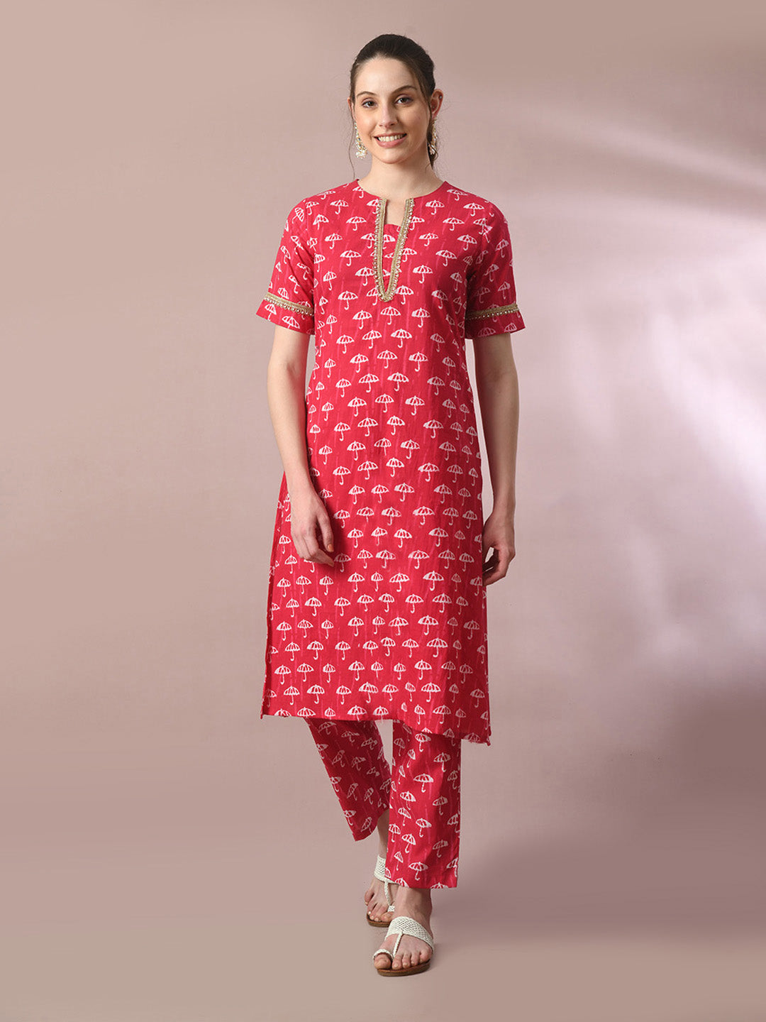 Women's  Pink Printed Cotton Straight Party Kurta Sets