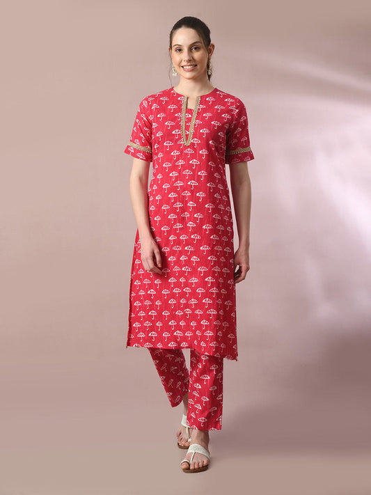 Women's  Pink Printed Cotton Straight Party Kurta Sets