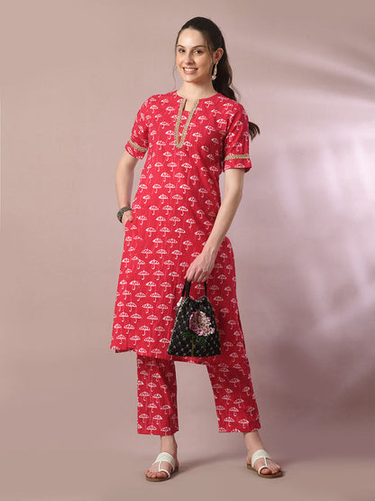 Women's  Pink Printed Cotton Straight Party Kurta Sets