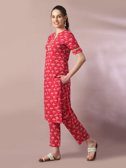 Women's  Pink Printed Cotton Straight Party Kurta Sets