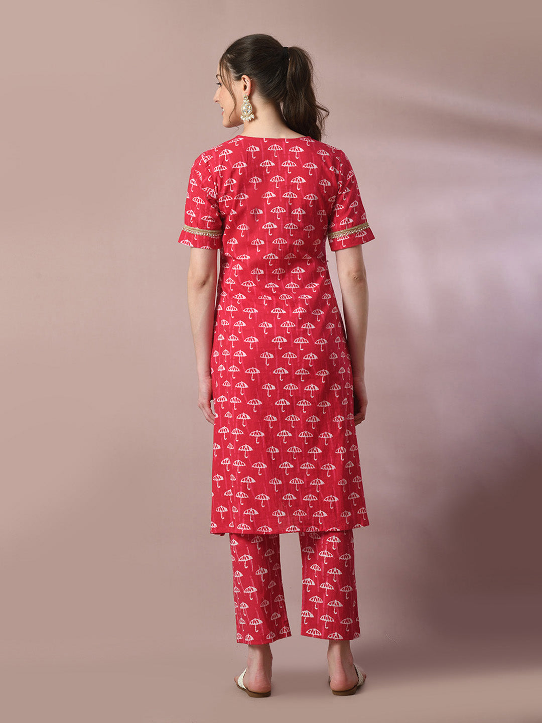 Women's  Pink Printed Cotton Straight Party Kurta Sets