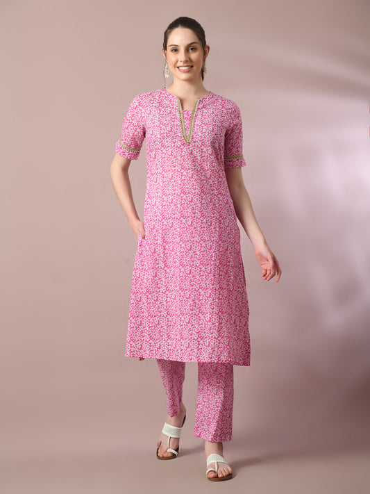 Women's  Pink Printed Cotton Straight Party Kurta Sets