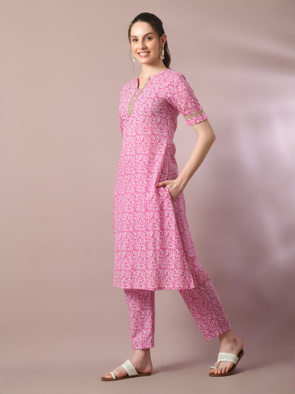 Women's  Pink Printed Cotton Straight Party Kurta Sets