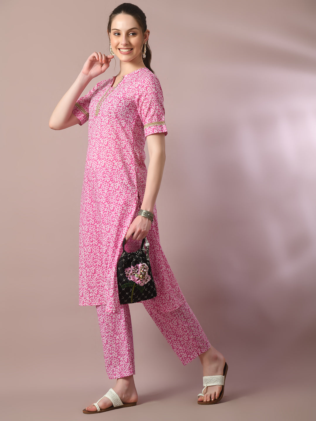 Women's  Pink Printed Cotton Straight Party Kurta Sets