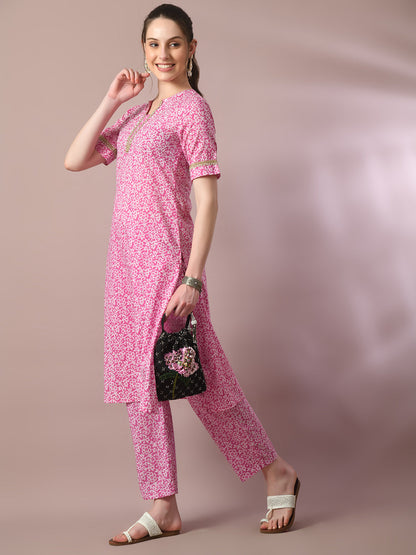 Women's  Pink Printed Cotton Straight Party Kurta Sets