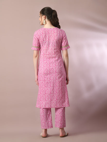 Women's  Pink Printed Cotton Straight Party Kurta Sets