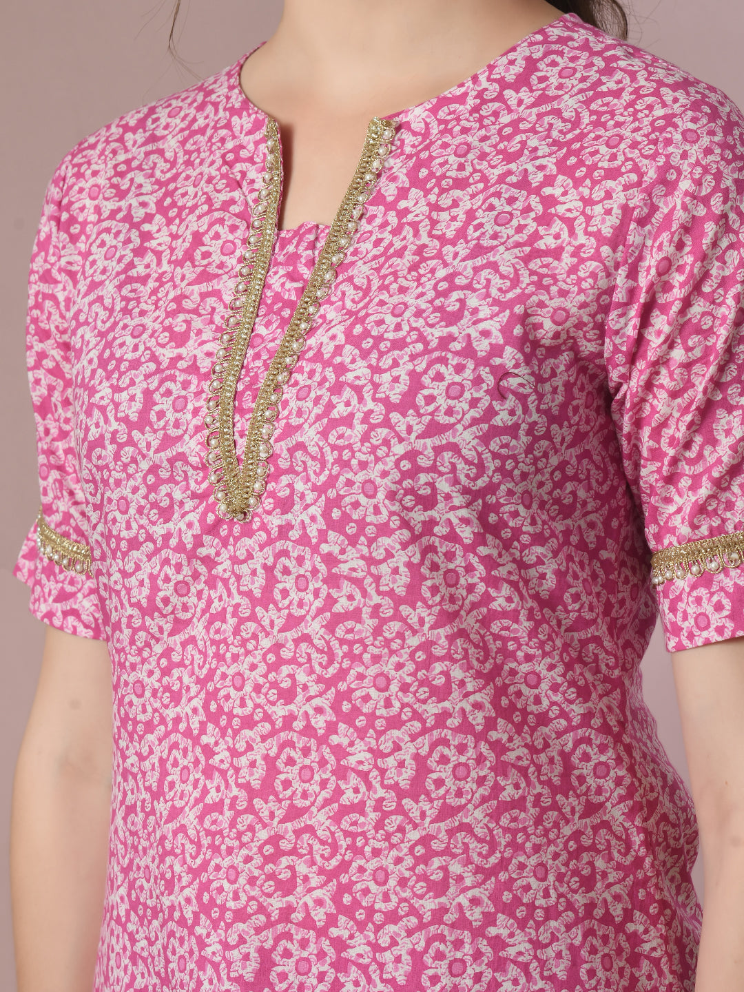 Women's  Pink Printed Cotton Straight Party Kurta Sets