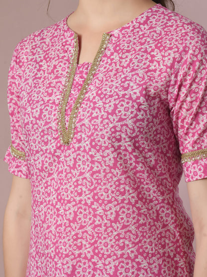 Women's  Pink Printed Cotton Straight Party Kurta Sets