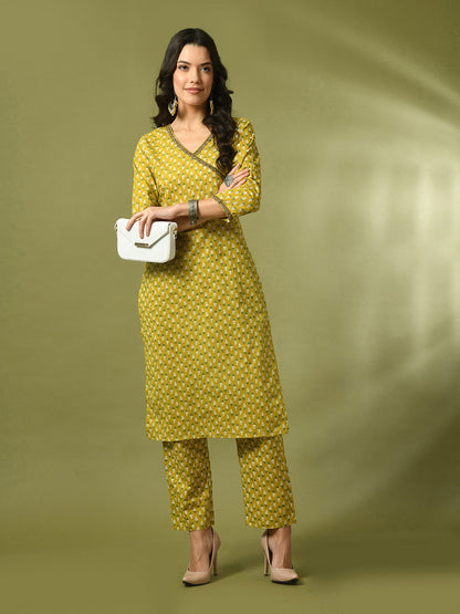 Women's  Yellow Printed Cotton Straight Party Kurta Sets