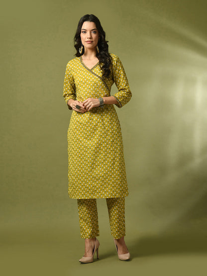 Women's  Yellow Printed Cotton Straight Party Kurta Sets