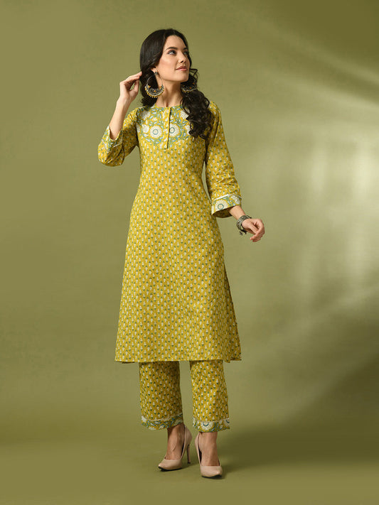 Women's  Yellow Printed Cotton Straight Party Kurta Sets