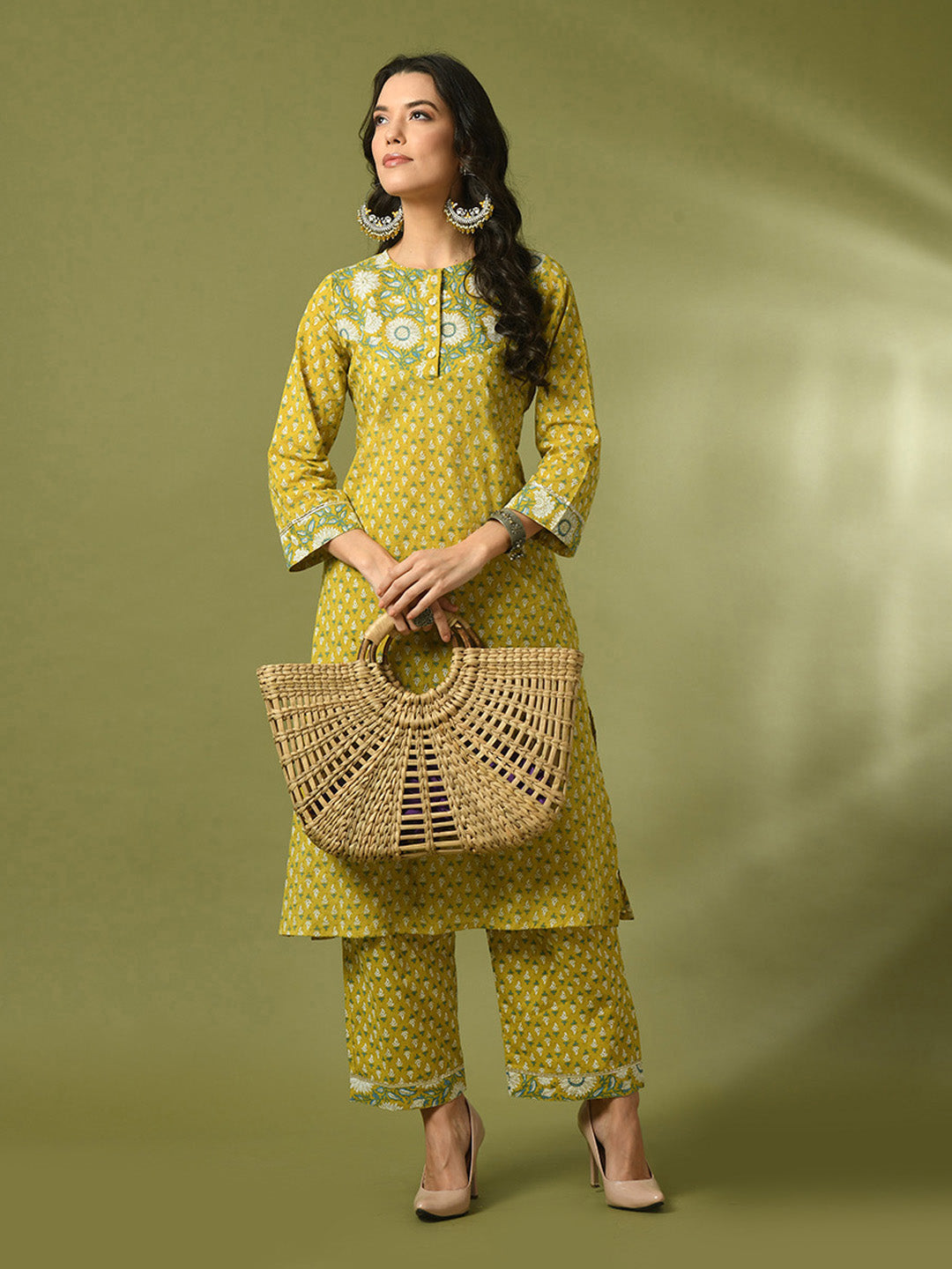 Women's  Yellow Printed Cotton Straight Party Kurta Sets