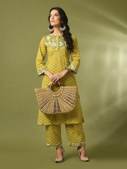 Women's  Yellow Printed Cotton Straight Party Kurta Sets