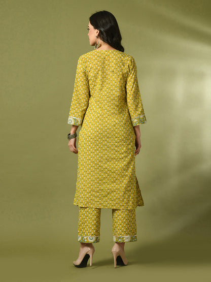Women's  Yellow Printed Cotton Straight Party Kurta Sets