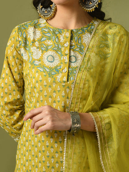Women's  Yellow Printed Cotton Straight Party Kurta Sets