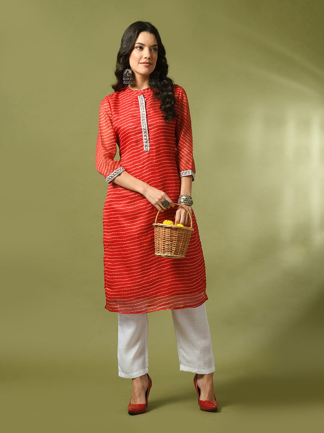 Women's  Red Printed Cotton Blend Straight Party Kurta Sets
