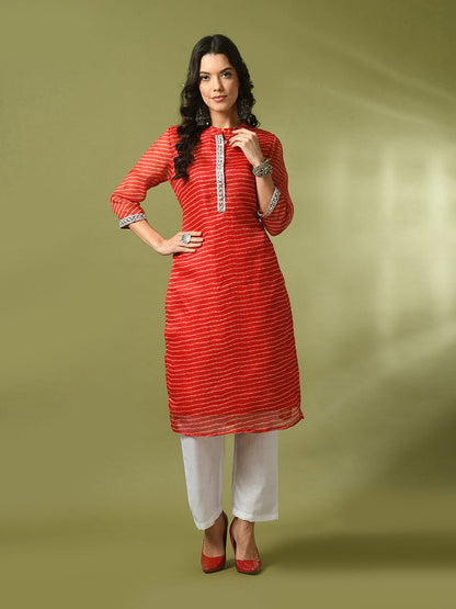 Women's  Red Printed Cotton Blend Straight Party Kurta Sets