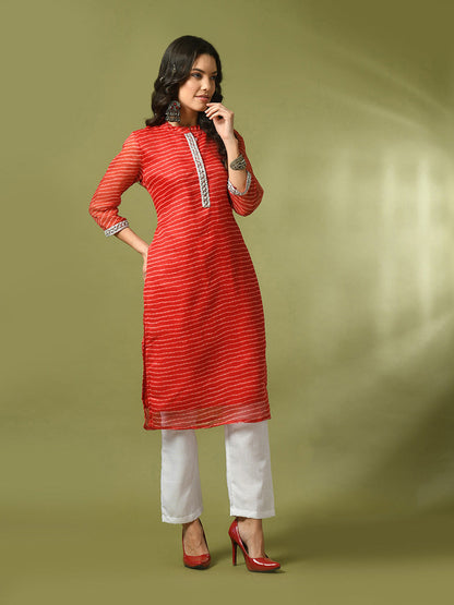 Women's  Red Printed Cotton Blend Straight Party Kurta Sets